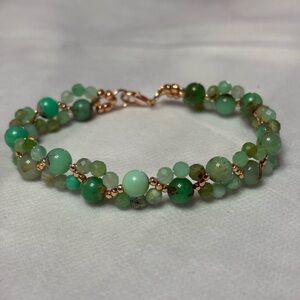 Hand Crafted Green Chrysoprase Beaded Bracelet with Gold Clasp 8 inches